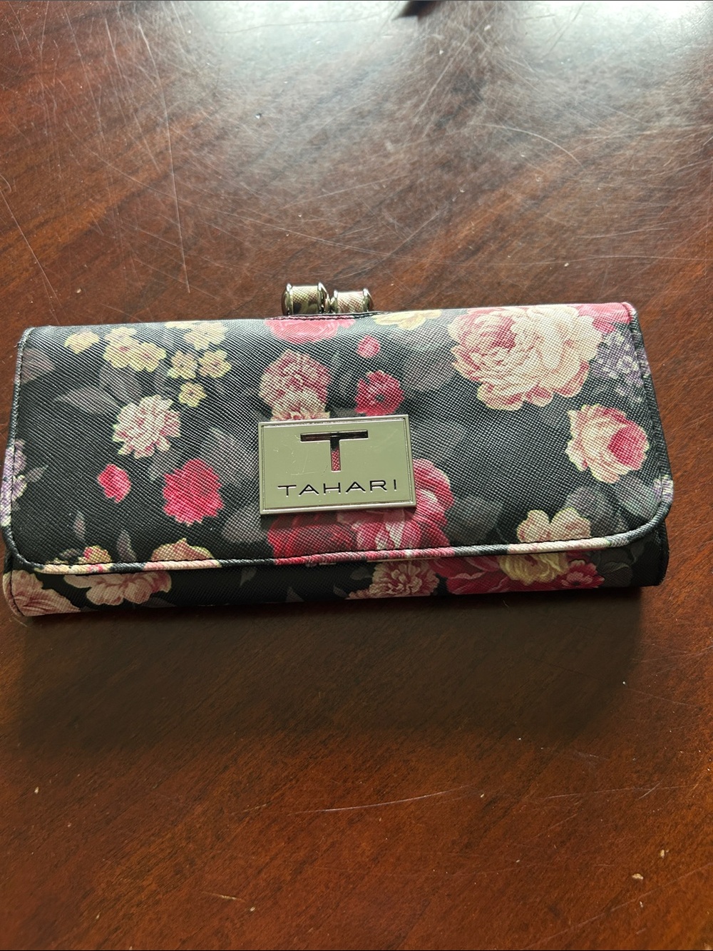 Tahari Black Wallet with Pink and Cream Floral Print
